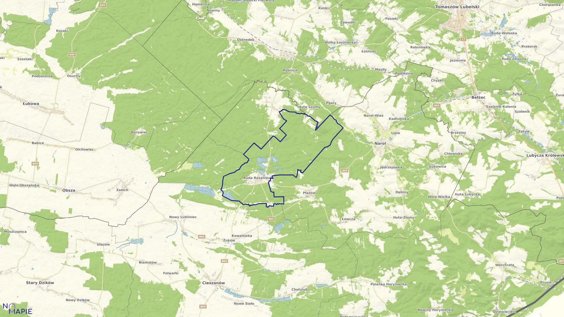 Mapa obrębu Ruda Różaniecka w gminie Narol